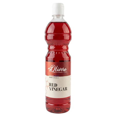 A 350ml Olivora Red Grape Vinegar bottle with a white cap and red and white label, ideal for salad dressings.