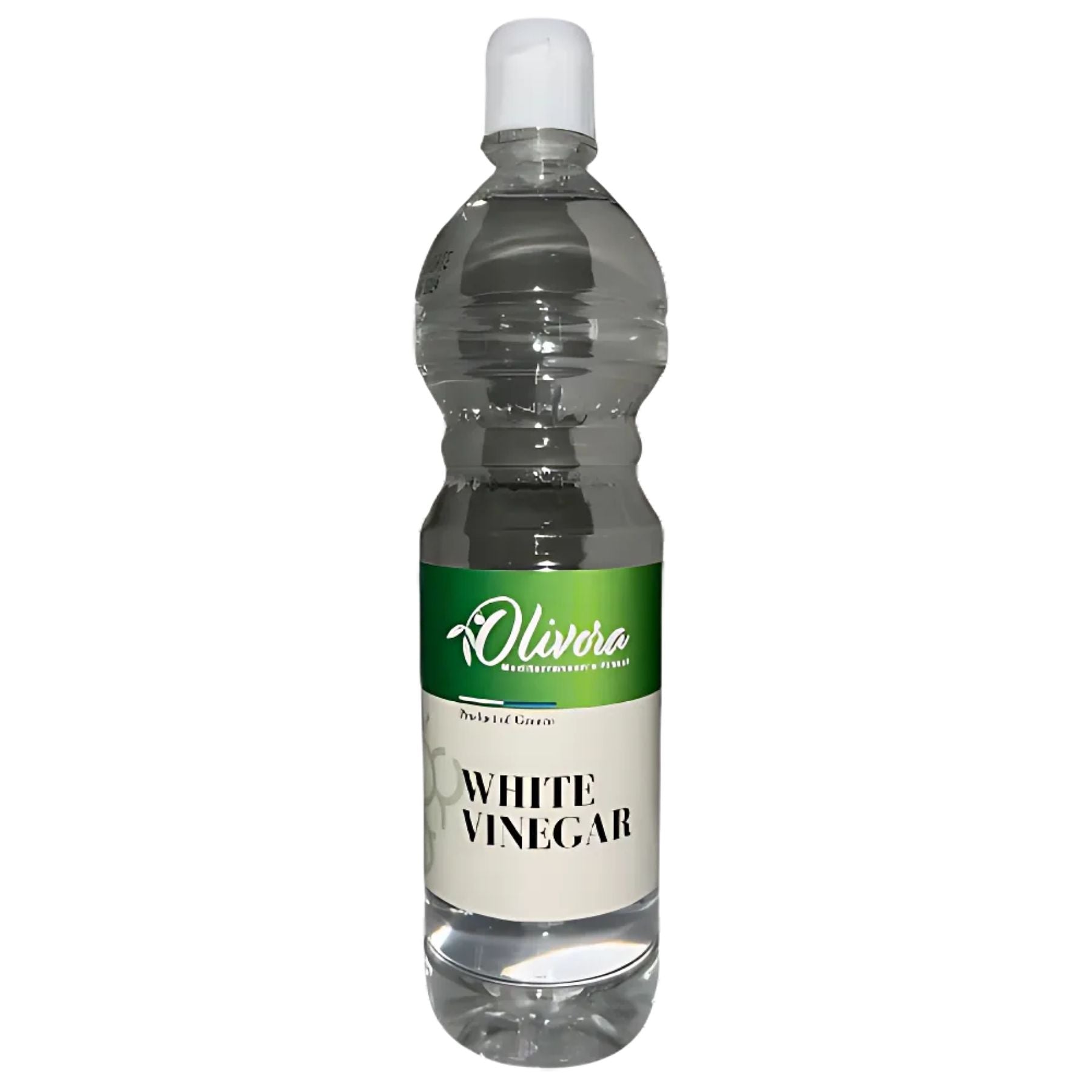A plastic bottle of "Olivora - White Grape Vinegar - 350ml" with a green and white label and a white cap.