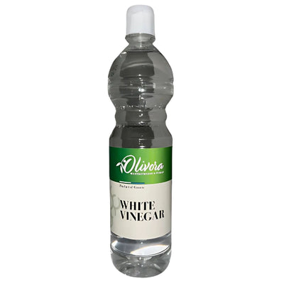 A plastic bottle of "Olivora - White Grape Vinegar - 350ml" with a green and white label and a white cap.