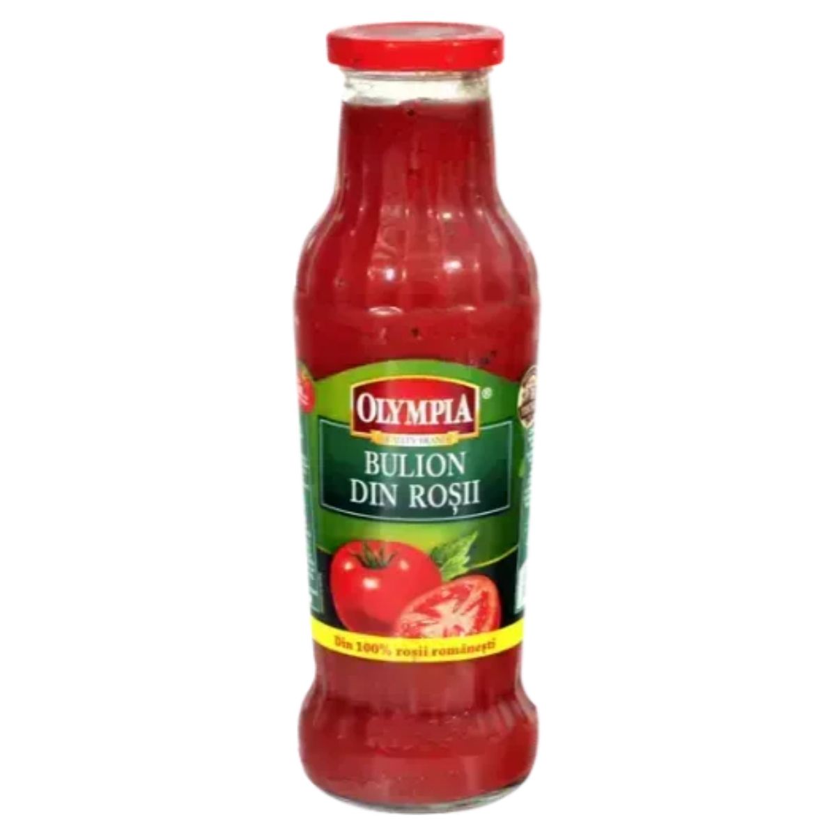 A bottle of Olympia Bouillon Tomato Paste, a 750g Romanian tomato sauce with a green label showcasing tomatoes and Romanian text.