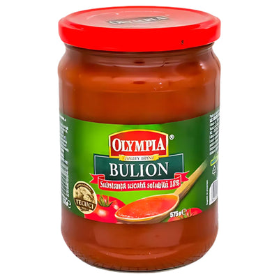 A 575g glass jar of Olympia Bulion Tomato Paste has a red lid, Romanian text, and a label showing ripe tomatoes, tomato concentrate, and a spoonful of thick paste.