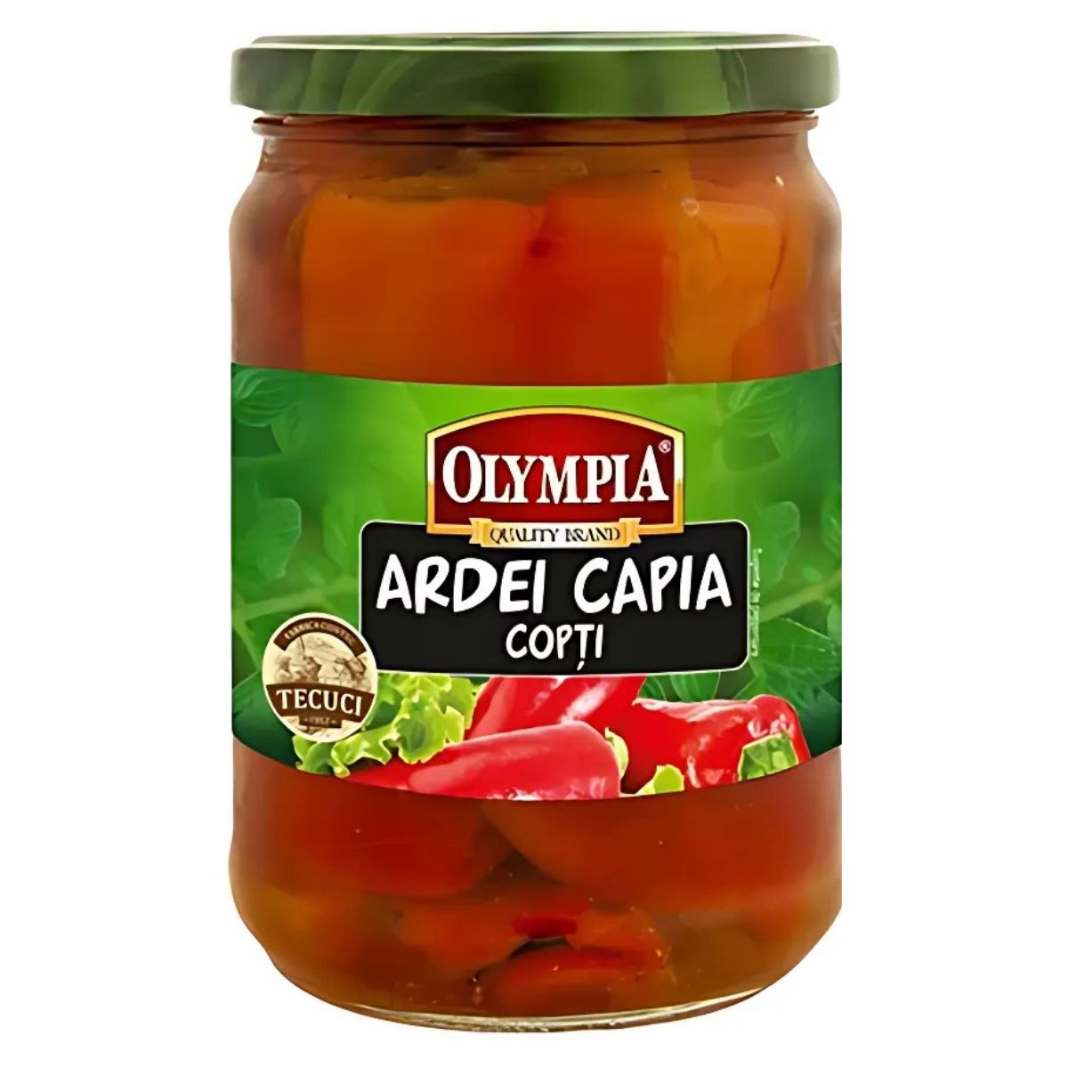 A 690g jar of Olympia's Capia Coptic Peppers, labeled "ARDEI CAPIA COPȚI," showcases a vibrant green and red design and offers a rich, savory flavor to enhance any meal.