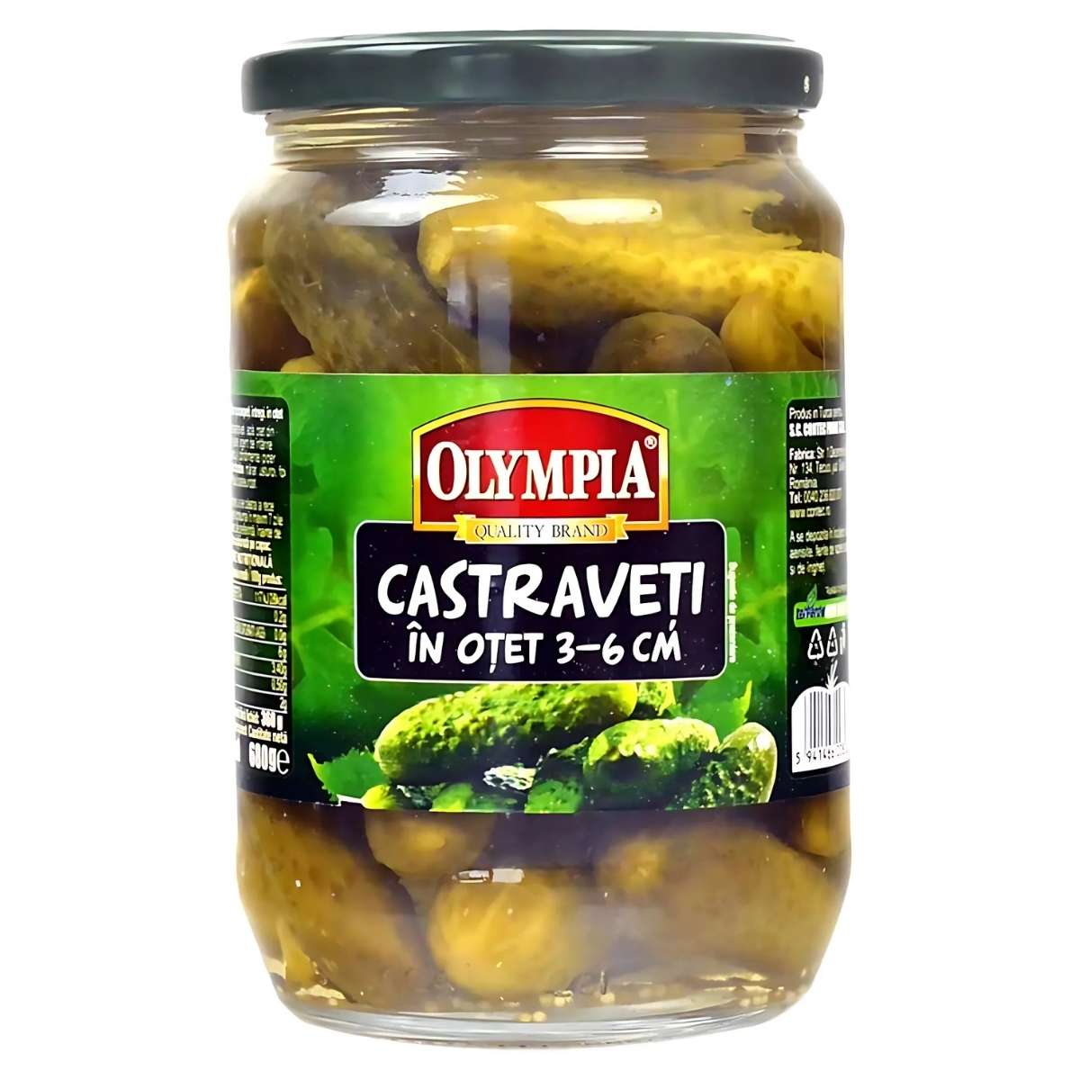 A jar of Olympia Castraveti, weighing 680g, ideal for adding a tangy touch to salads. The green label features the brand name "Olympia" with Romanian text, suggesting a rich vinegar flavor inside.