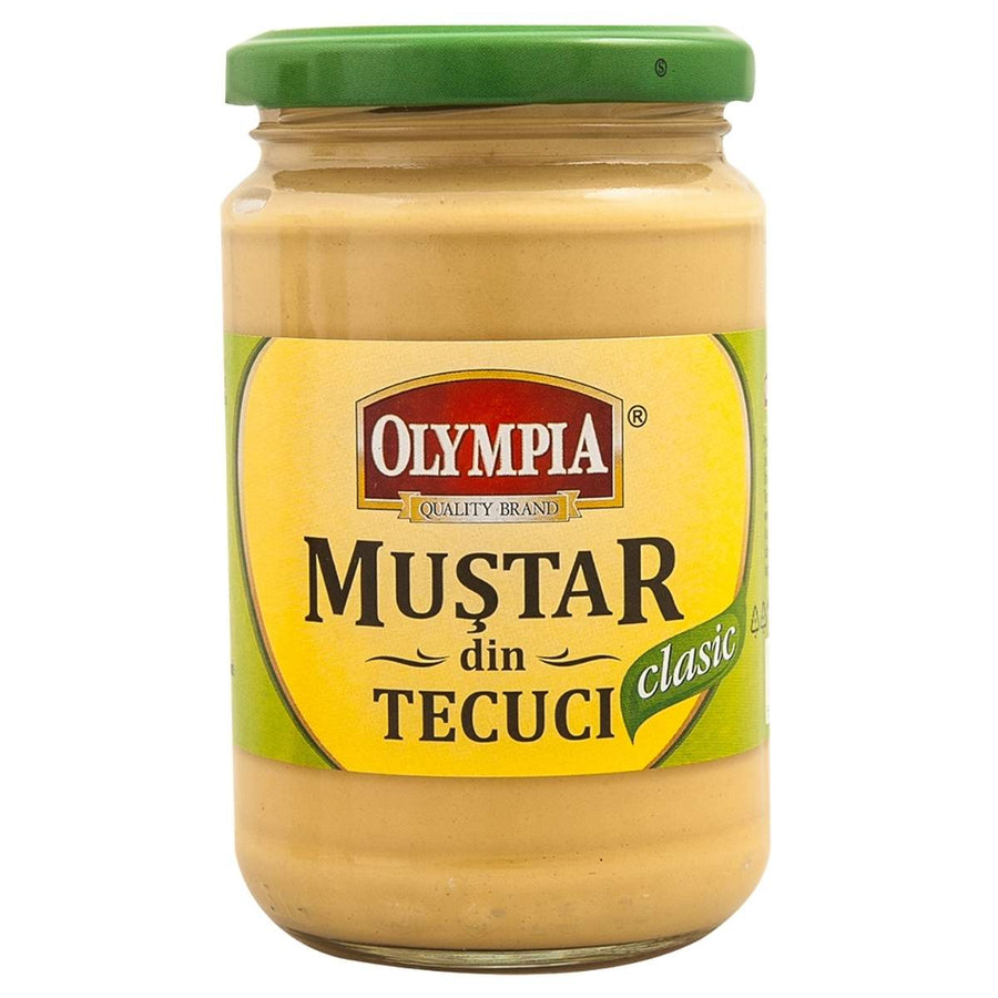 Olympia Classic Mustard, 300g jar, features a green lid and yellow label, made with quality mustard seeds.