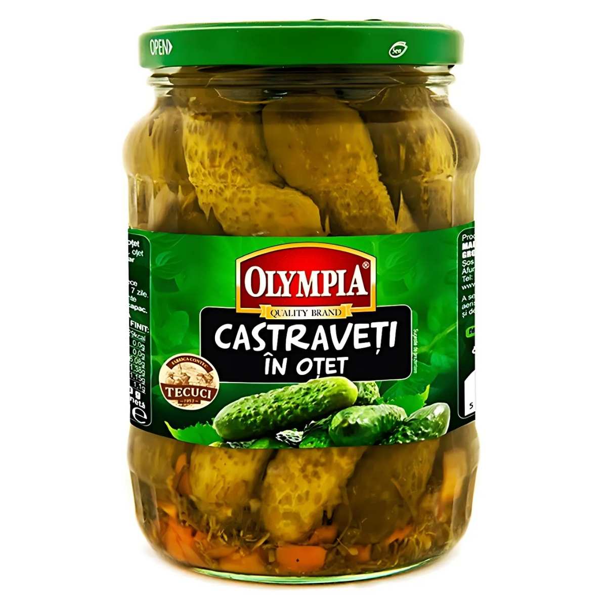 Olympia's 680g Cucumbers In Vinegar jar features a green label and offers a classic, tangy flavor.