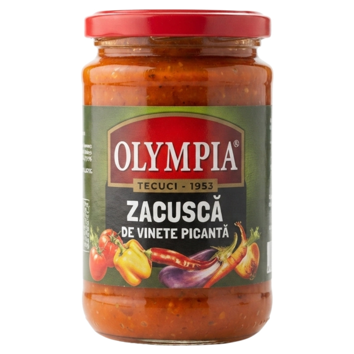 A 300g glass jar of Olympia - Eggplants in Hot Sauce, with a red lid and a label featuring vegetable images.