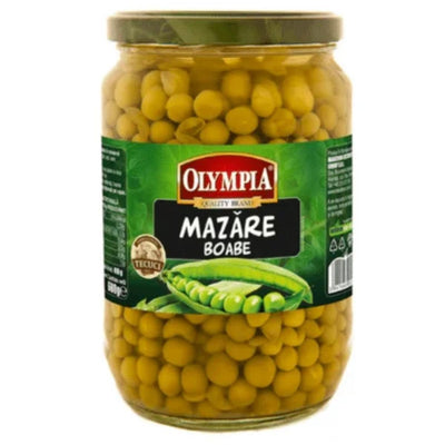 Jar of Olympia brand green peas labeled "Mazăre Boabe" with a picture of fresh peas on the label, weighing 680g.