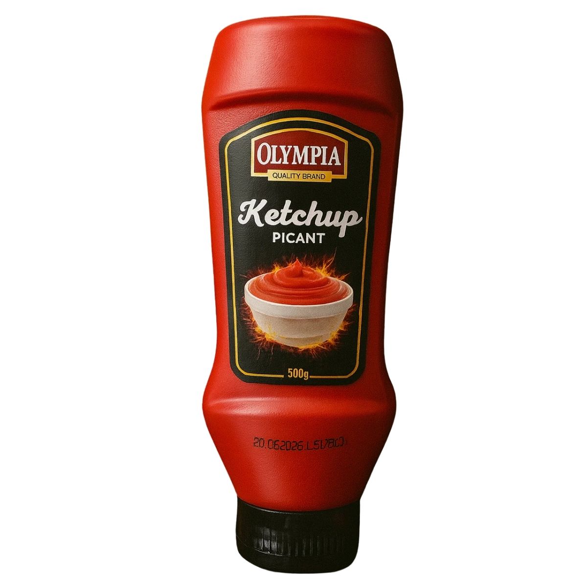 Red bottle of Olympia Picant ketchup on a white background