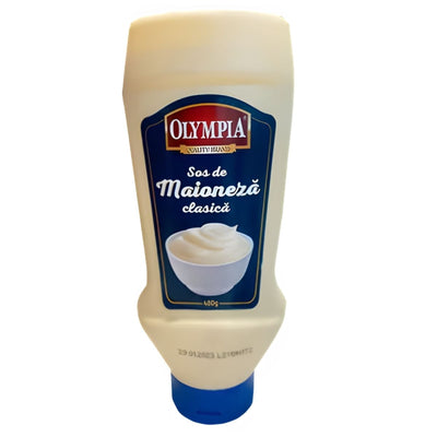 A 480g squeezable bottle of Olympia Classic Mayonnaise Sauce, featuring a blue label with an image of mayonnaise in a white bowl.
