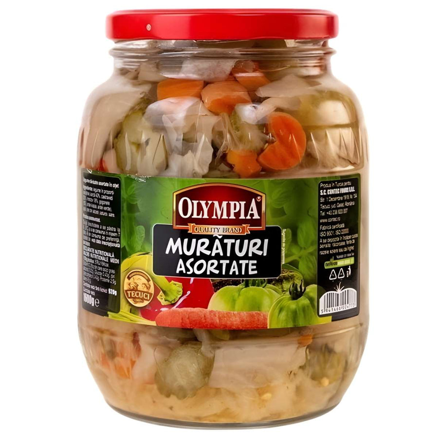 Olympia - Mixed Vegetable Pickles (Muraturi Asortate) 1650g: A glass jar with a red lid and vibrant label displaying assorted pickled vegetables, offering classic Eastern European flavors from Olympia.