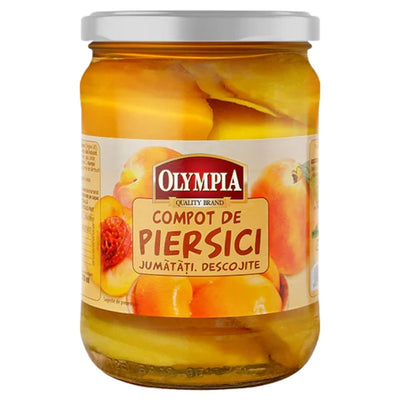 Jar of Olympia 365g peach compote on a white background
