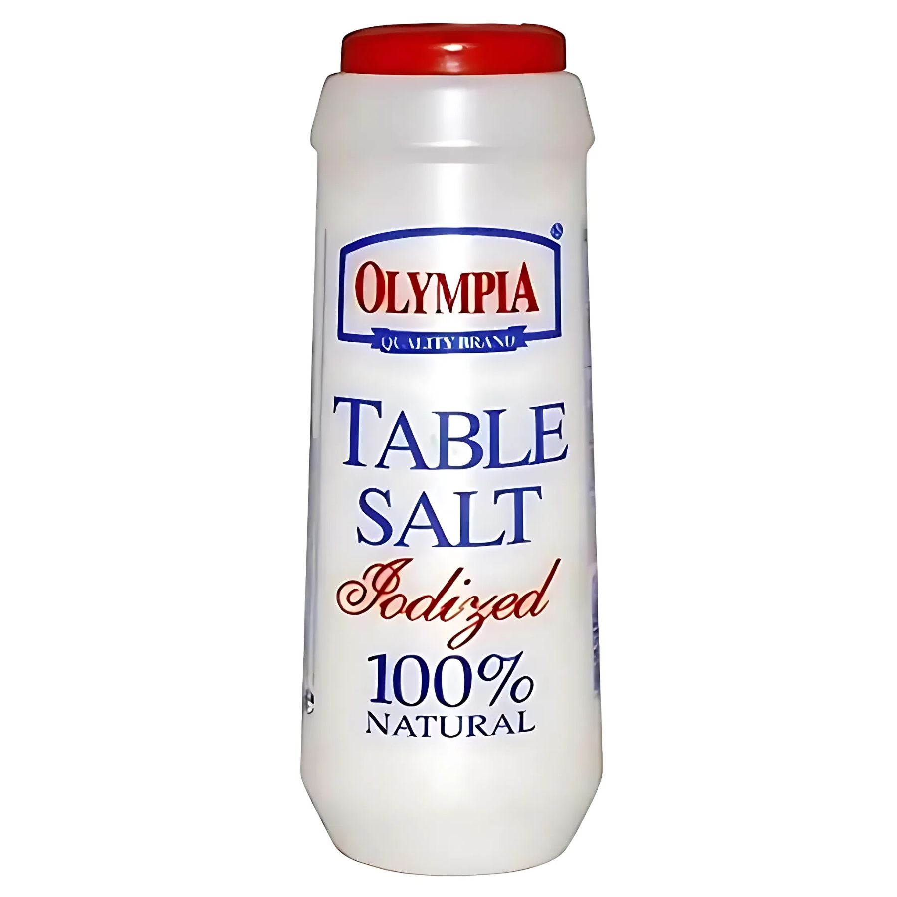 Olympia Table Salt 100% Natural (500g) comes in a white container with a red lid, making it an essential staple for any kitchen.