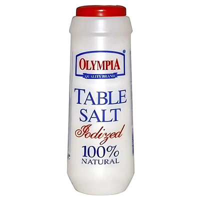 Olympia Table Salt 100% Natural (500g) comes in a white container with a red lid, making it an essential staple for any kitchen.
