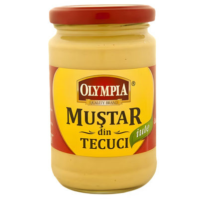 Olympia - Tecuci Hot Mustard comes in a 300g jar with a red lid and bright yellow label, ideal for spicy mustard lovers.