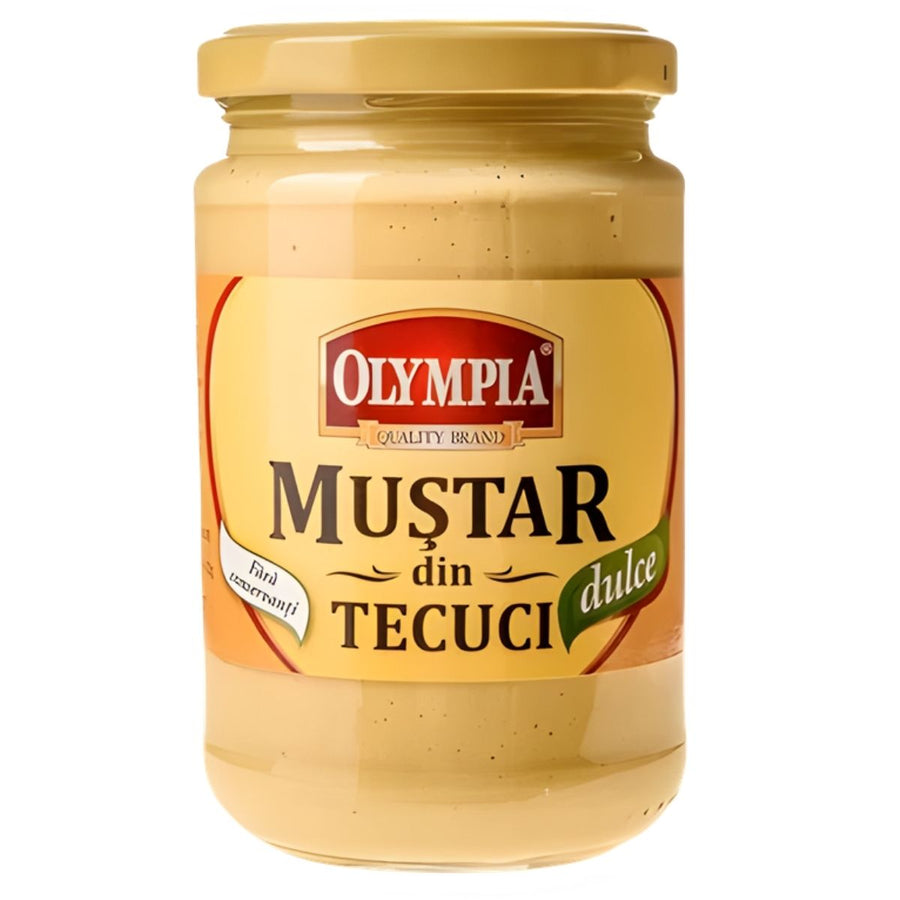 A 300g jar of Olympia Tecuci Sweet Mustard, labeled with the Olympia brand name, features a yellow lid.
