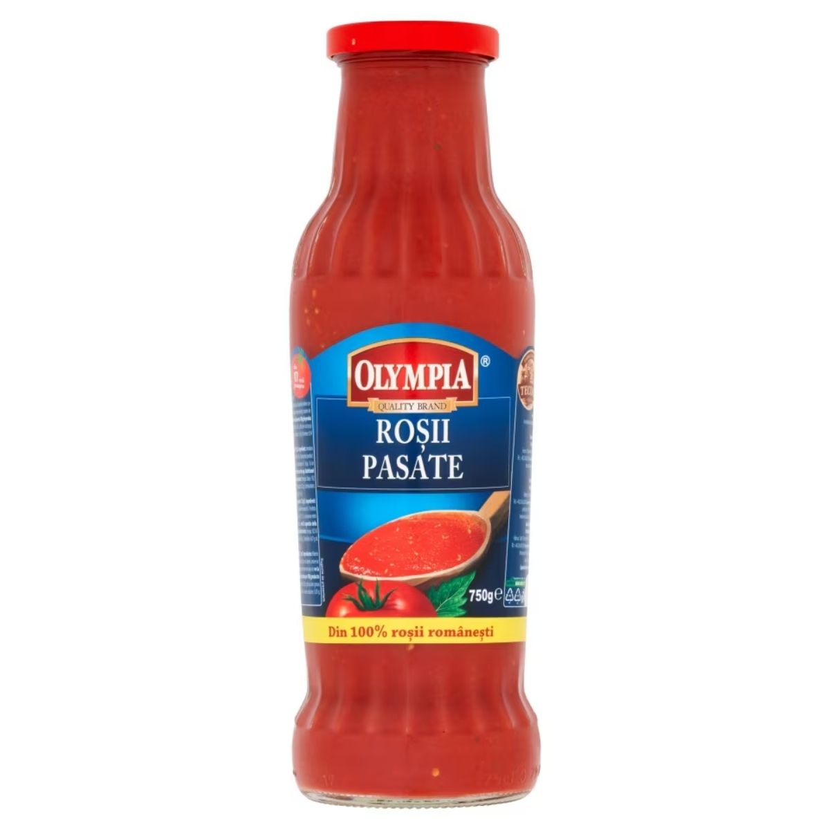 A 750g bottle of Olympia Tomato Passata, ideal for Italian dishes, boasts a distinctive blue label and a red cap.