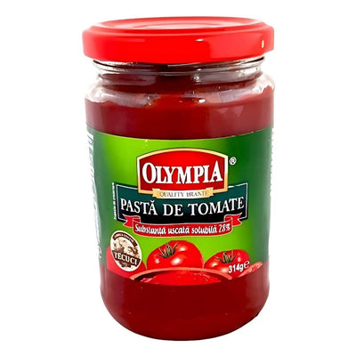 A jar of Olympia - Tomato Paste 28% - 314g, labeled "Pastă de Tomate," highlights premium ripe tomatoes, making it ideal for creating flavorful sauces. The label boasts vibrant images of juicy tomatoes.