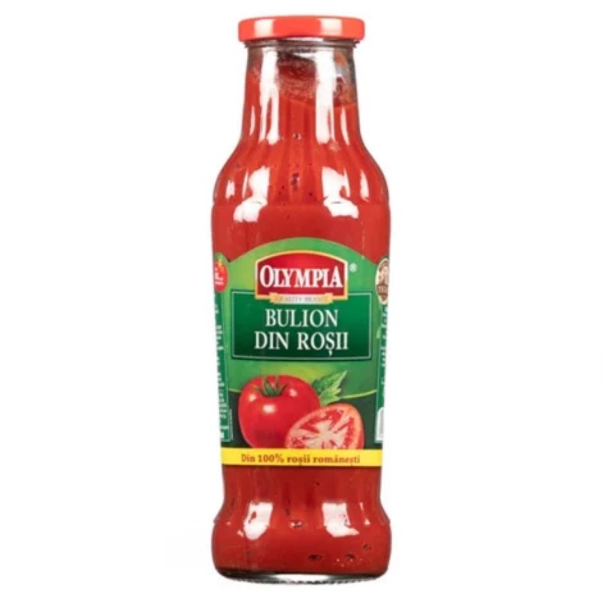 A 750g bottle of Olympia tomato paste, labeled "Bulion Din Roșii," featuring an image of tomatoes on the front.