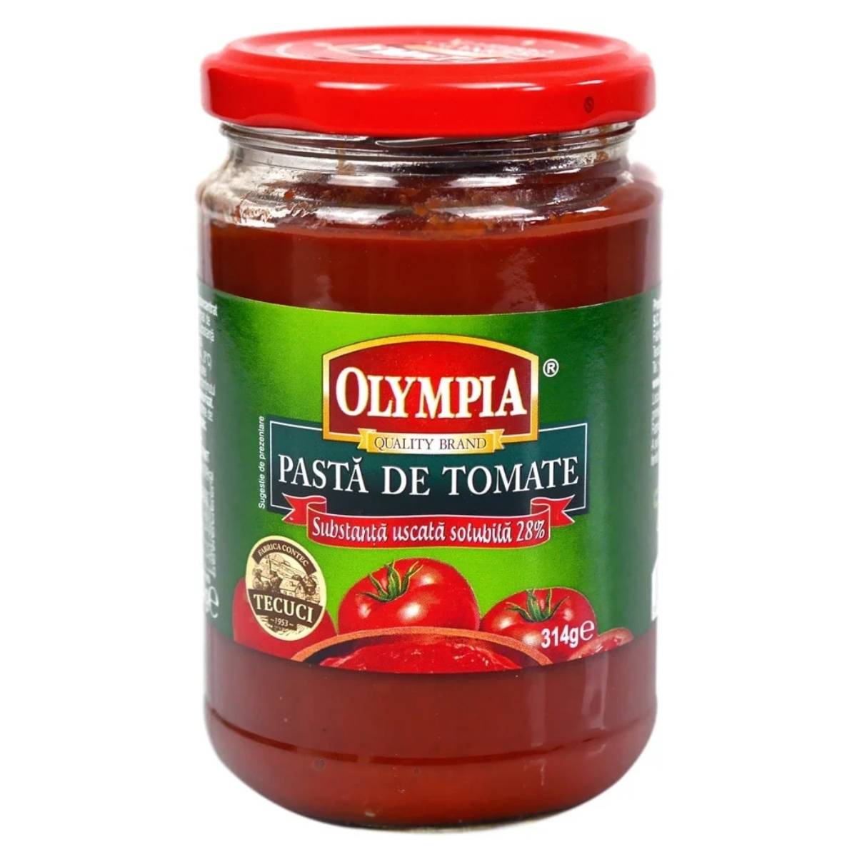 Olympia - Tomato Paste (Pasta De Tomate) comes in a jar with a red lid and a green label adorned with red tomatoes, ensuring an authentic taste. Its net weight is 314g.