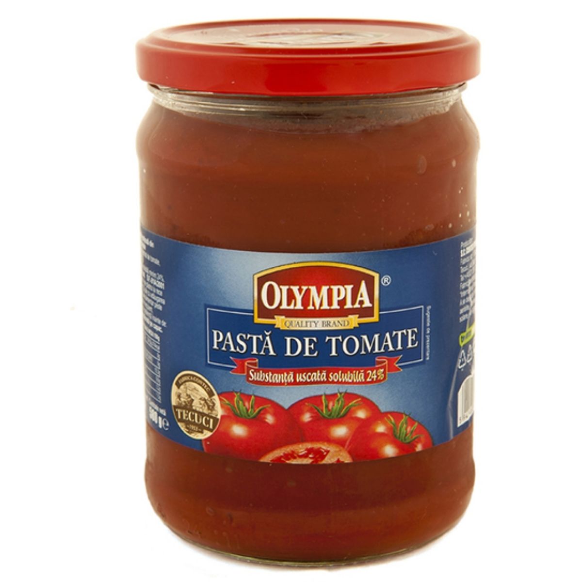 A jar of Olympia - Tomato Paste (Pasta de Tomate) - 580g with a red lid and a label showcasing tomatoes, delivering the genuine flavor of Italy to enhance your Italian culinary creations.