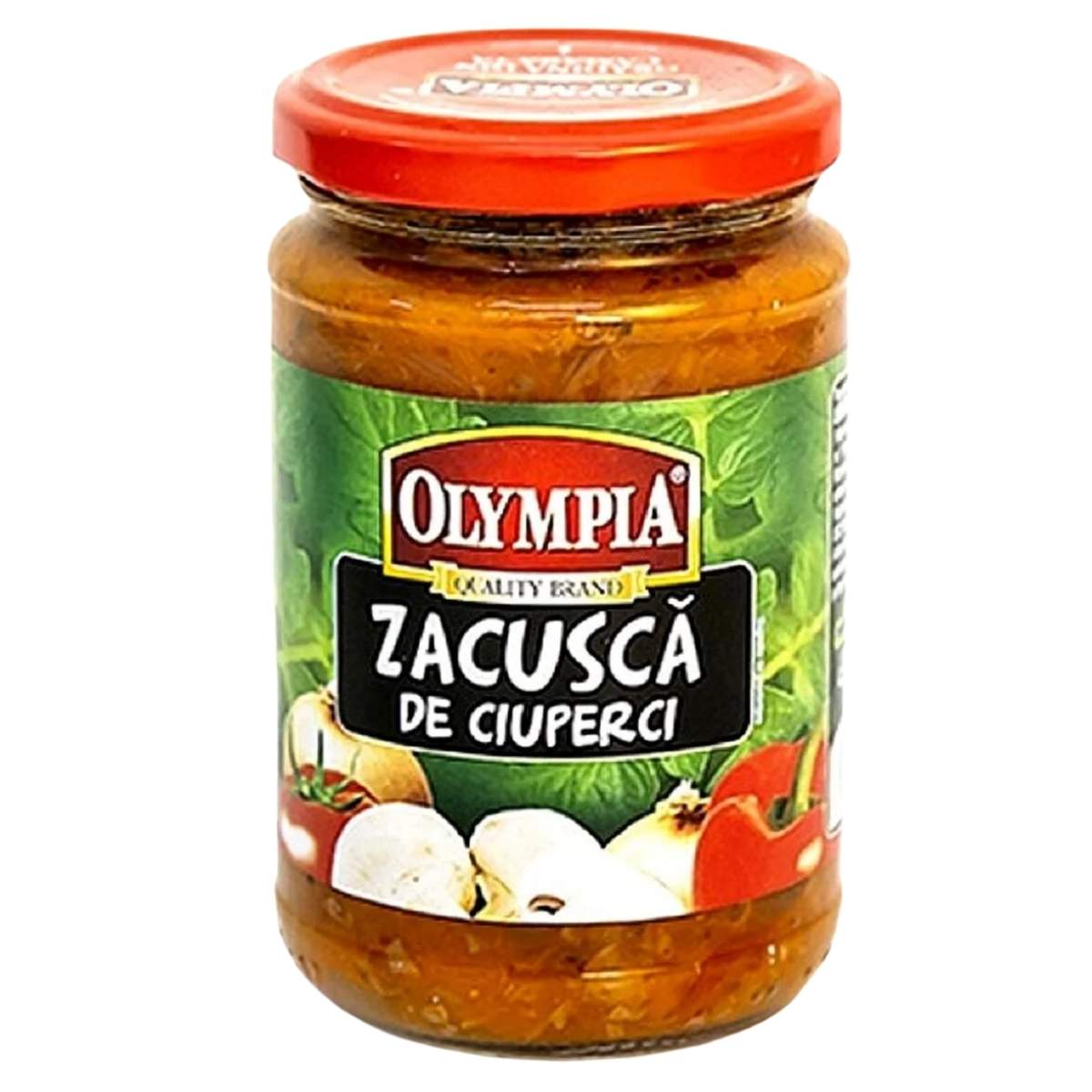 A jar of Olympia "Vegetable Stew with Mushrooms," featuring a red lid and a label that displays mushrooms and vegetables, is perfect for creating a nutritious meal.