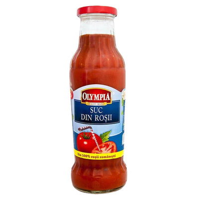 A 750g glass bottle of Olympia Tomato Juice (Suc Din Rosii) with a red cap, featuring a label adorned with images of tomatoes and Romanian text.