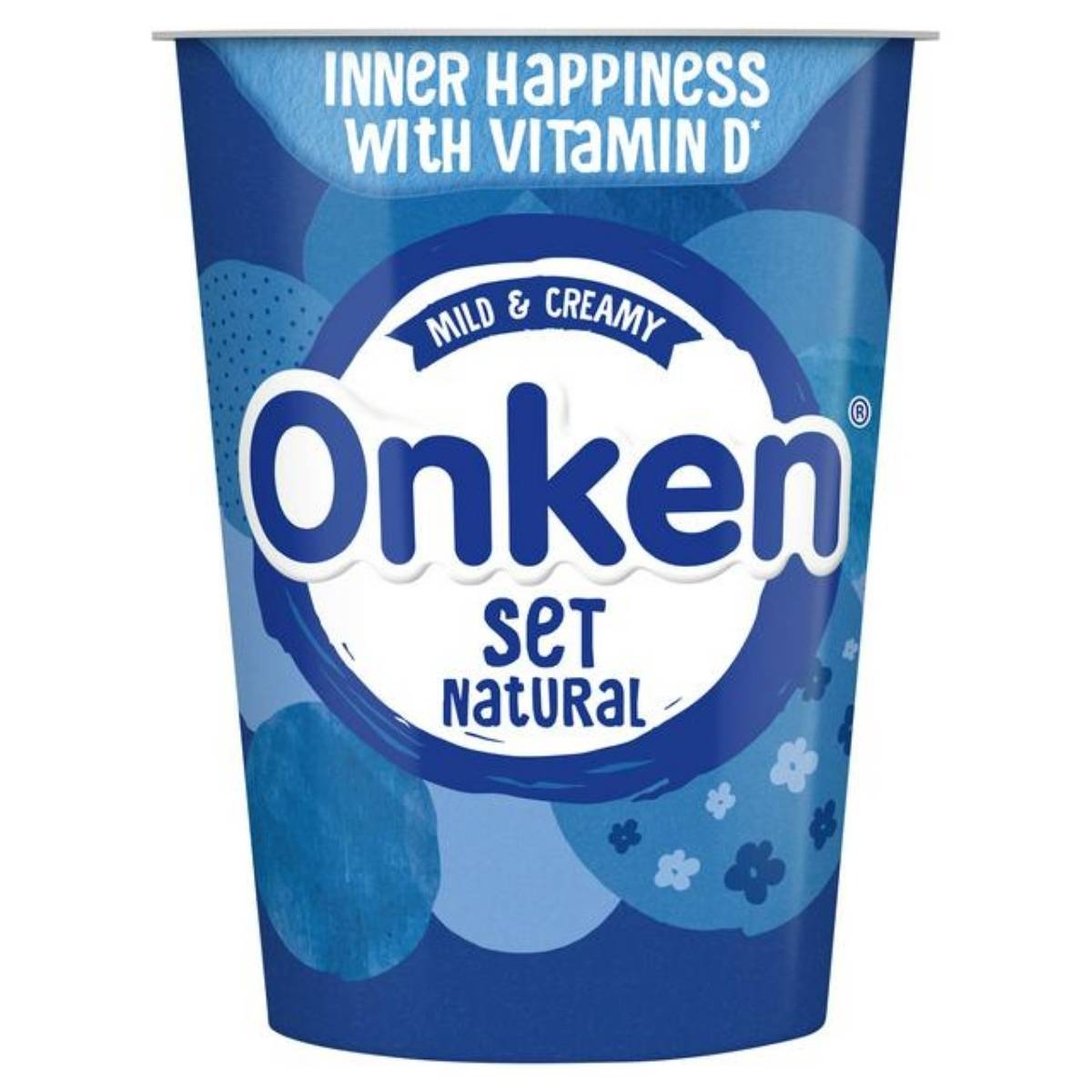 Onken Natural Set Yoghurt - 450g, blue container, labeled "Mild & Creamy" with "Inner Happiness with Vitamin D and live cultures" on top.