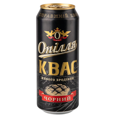 Black 500ml can of Opillia - Black Pasteurized Kvass Fermented Rye Drink with a gold-trimmed logo and an illustration of a loaf of bread.