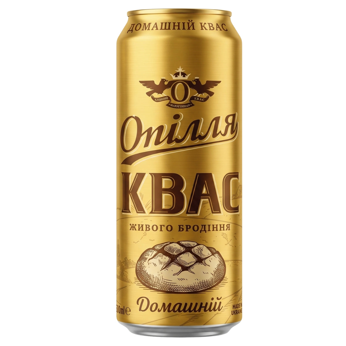 A 500ml gold can of Opillia - Domashniy Kvass Fermented Rye Drink features Cyrillic lettering, a decorative crest, and a bread illustration on the front, emphasizing its traditional recipe made from rye malt and kvass wort concentrate.