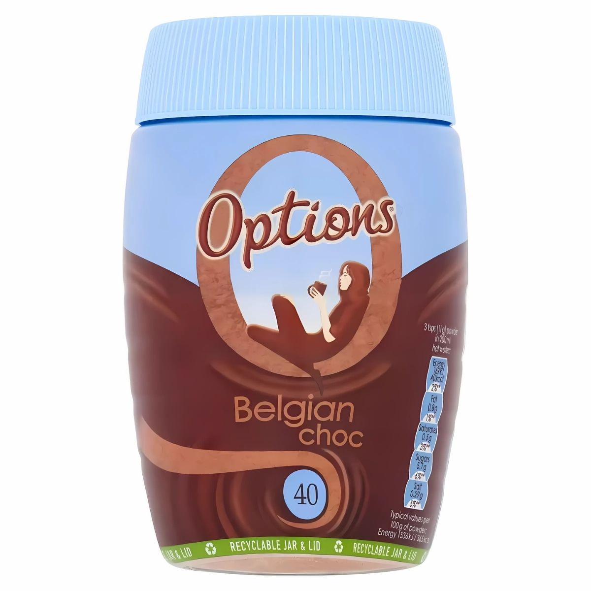 Satisfy your sweet tooth with Options Belgian Choc hot chocolate. This luxurious treat, weighing 395g, provides a rich Belgian chocolate experience in every cup. It comes with a blue lid and features a recyclable packaging label for an eco-friendly touch.