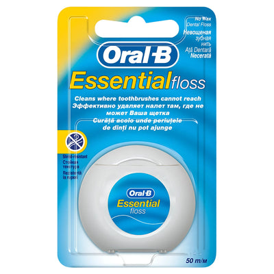 Oral-B Essential Floss 50m is dental floss in a white dispenser with multilingual labeling, designed by Oral-B for effective plaque removal.