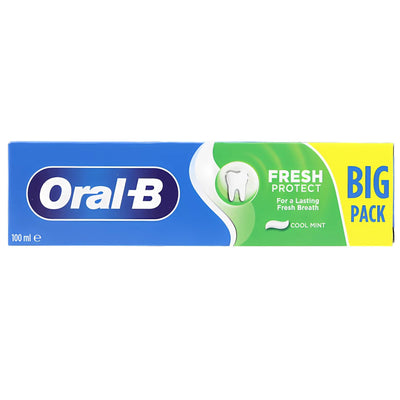 Oral-B Fresh Protect Cool Mint Toothpaste, 100ml, delivers cool mint freshness and plaque-fighting formula for a healthier smile. The box features tooth artwork with green, blue, and yellow design.
