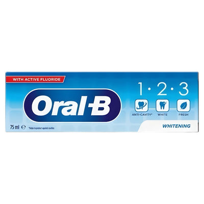 Oral-B Whitening Toothpaste 75ml offers enamel strengthening with fluoride, professional whitening, anti-cavity protection, and fresh breath.