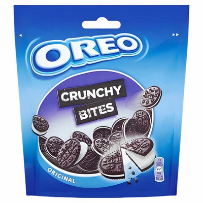 A 110g blue bag of Oreo - Crunchy Biscuit Bites Original by Oreo, showing images of bite-sized biscuits with vanilla cream filling and a splash of milk on the front.