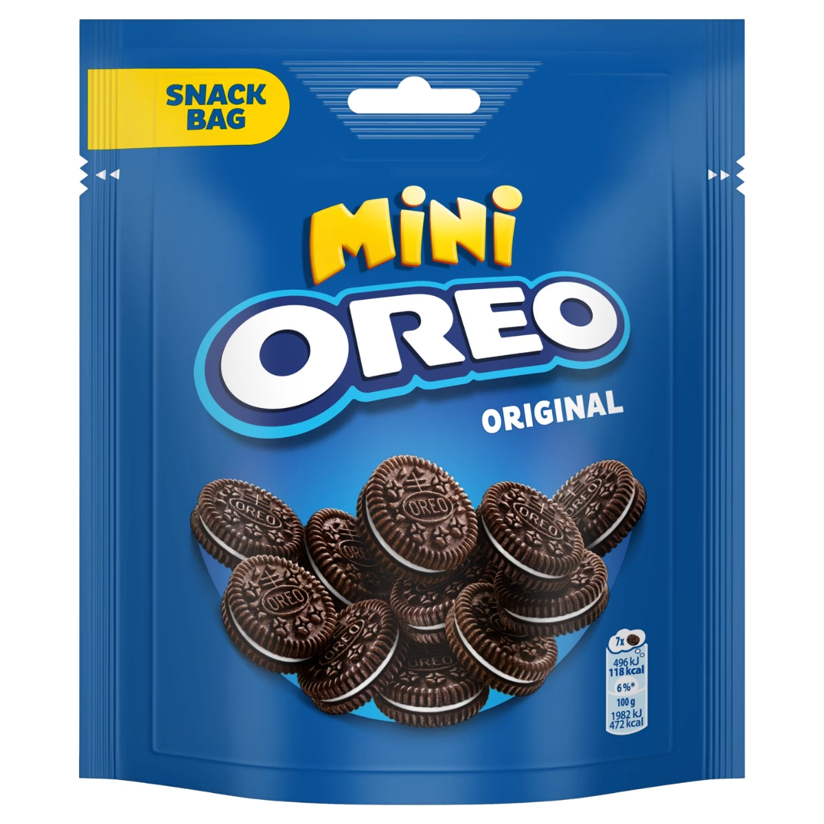 A blue bag of Mini Oreo Original cookies, featuring the yellow and white Mini Oreo logo, a yellow 'SNACK BAG' label, and a photo of mini chocolate sandwich cookies at the bottom.