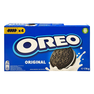 A 176g box of Oreo - Original biscuits by Oreo, featuring four packs and a cookie with creamy filling splashing in milk on the front.
