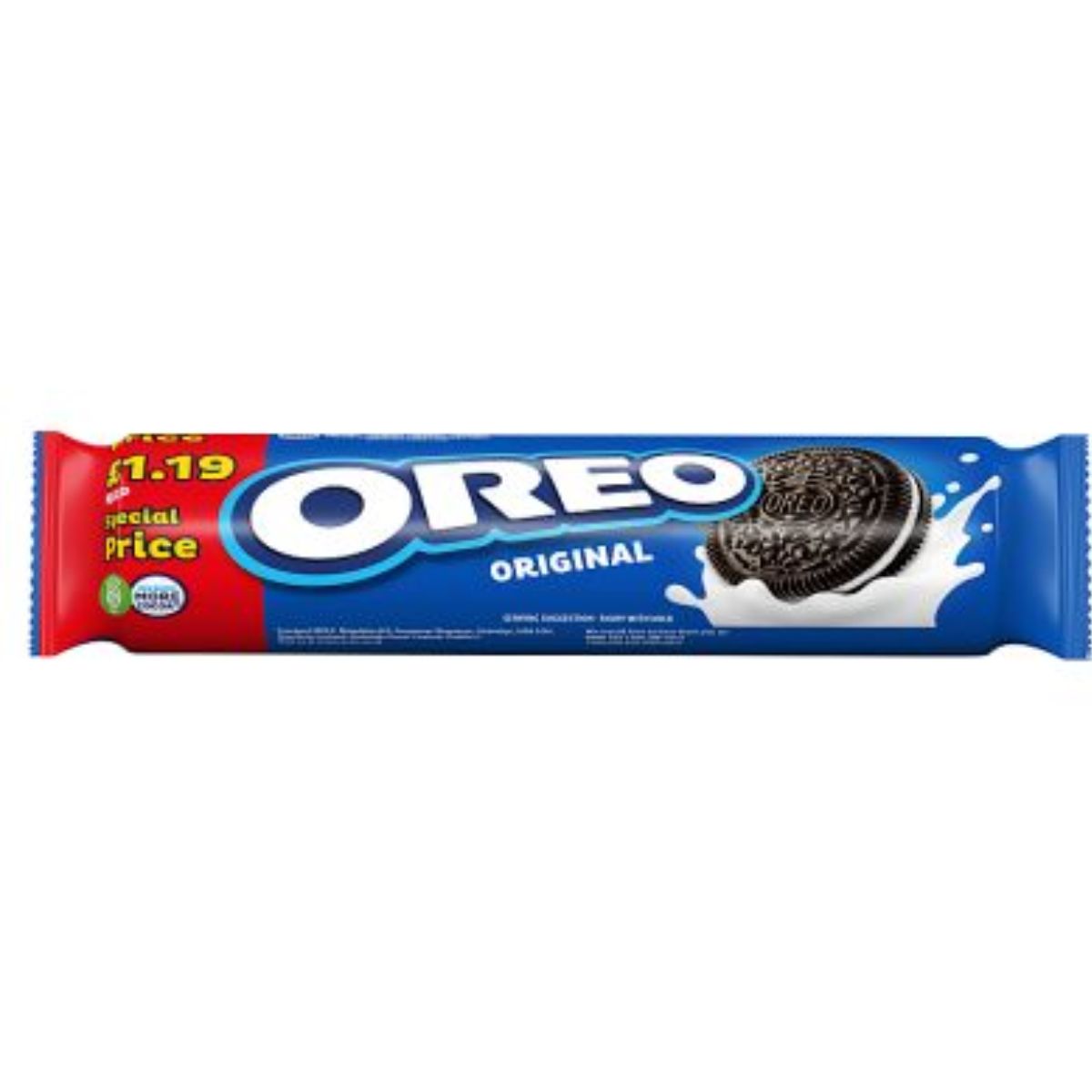 A blue packet of Oreo - Original Sandwich Biscuit - 154g is displayed, showcasing the brand logo and a cookie image. The package indicates a special price of £1.19.