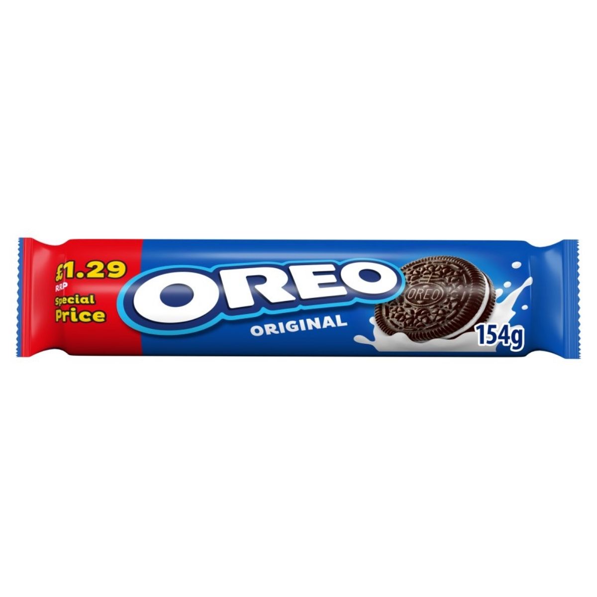 Package of Oreo - Original Sandwich Biscuit - 154g, highlighting a special tempting price of £1.29 on the wrapper.