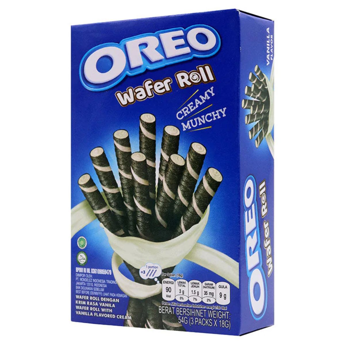 Oreo - Wafer Roll Creamy Munchy box depicting cream-filled wafer sticks in a bowl, with labels "creamy" and "munchy." Total net weight: 54g (3 packs of 18g each).