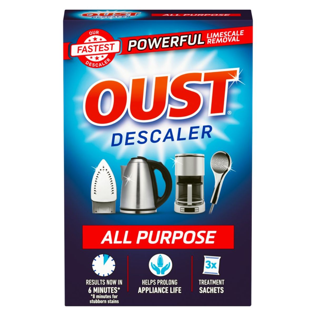 A box of Oust - All Purpose Descaler - 3 x 25ml, featuring images of a kettle, iron, and shower head, emphasizing its limescale removal benefits and 3 sachet contents.