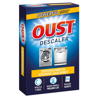 Oust - Dishwasher & Washing Machine Descaler (2 x 75g) removes limescale for effective cleaning; pack shows both appliances and includes two treatment sachets.