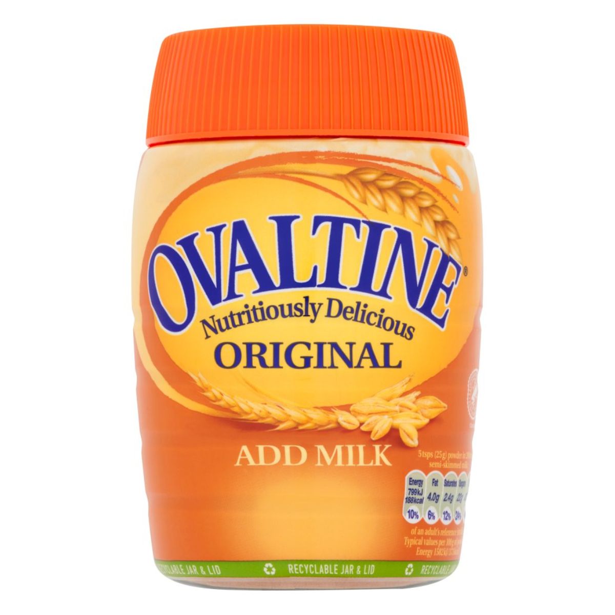 A 300g jar of Ovaltine - Original Add Milk Drink, featuring an orange lid, offers a rich and creamy flavor. The label touts "Nutritiously Delicious" with essential vitamins and minerals, while the packaging is decorated with inviting wheat graphics.