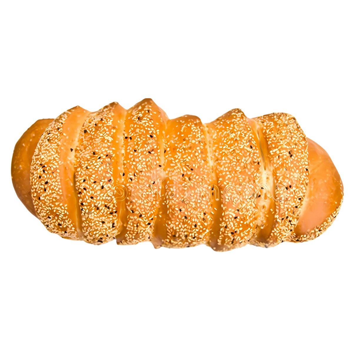 A sliced loaf of Twins Bakery - Corek Bread (1 piece) with a golden crust, sprinkled with sesame seeds and isolated on a white background—this Turkish bread from Twins Bakery is a classic example of seeded specialty bread.