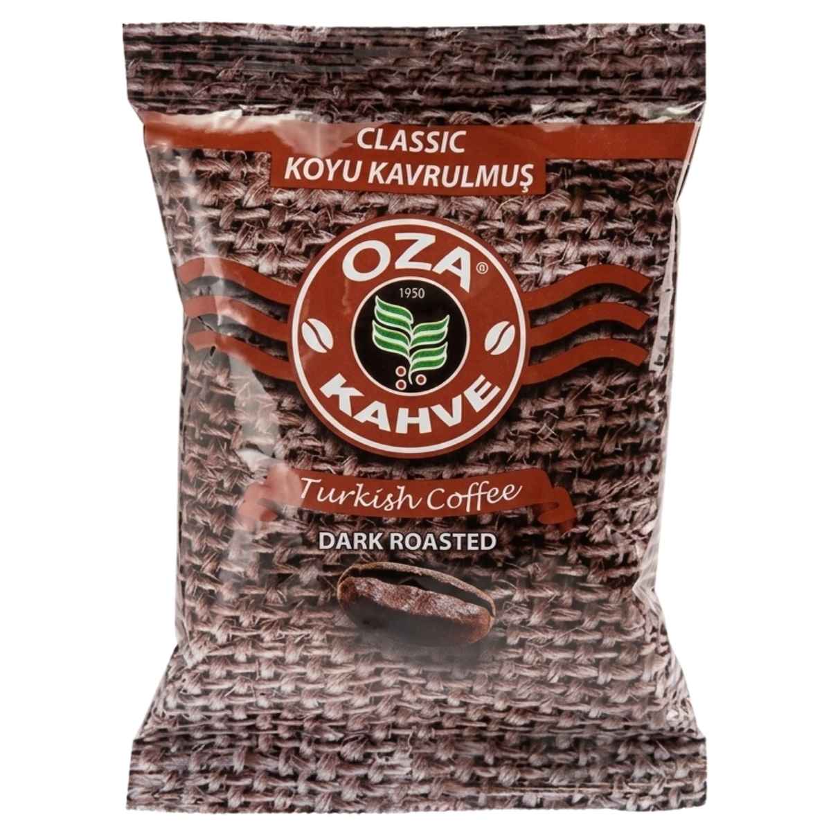 A 100g package of Oza Classic Dark Roasted Turkish Coffee features a brown woven texture background with white and red text on the front.