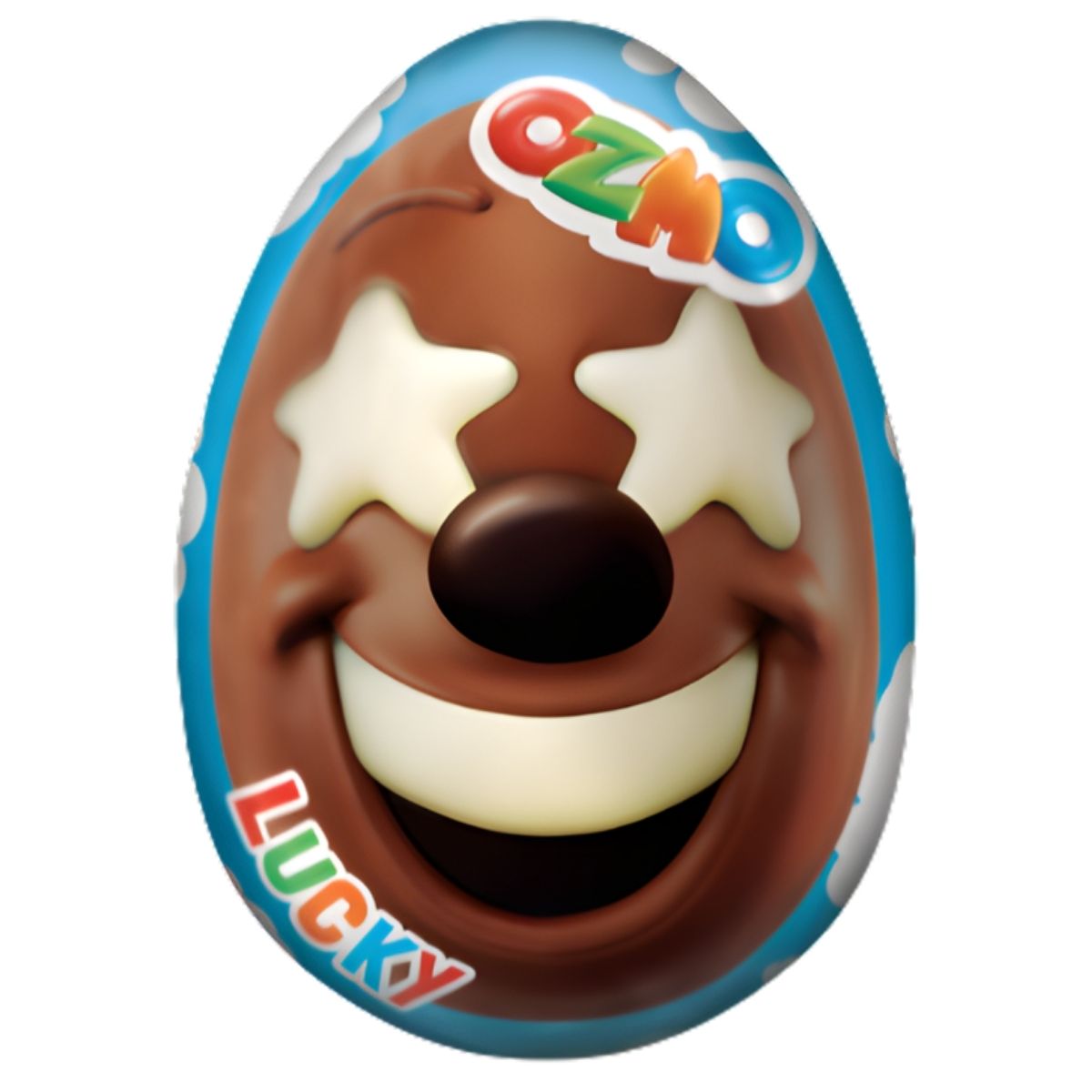 Ozmo - Milk Chocolate Egg (Toy Inside) 20g by Ozmo features a cartoon face with star eyes, a big smile, and "OZMO" and "LUCKY" on a blue background. Made from delicious milk chocolate.