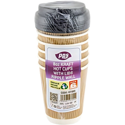 The pps 12oz Kraft Hot Cups With Lids Ripple Wall - 5 Pack features a stack of ripple wall cups and black plastic lids, displayed with the product label and recycling symbols.