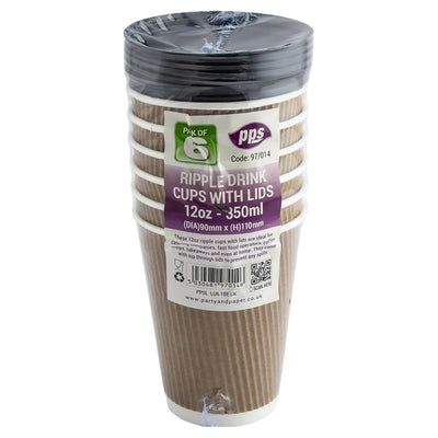 A stack of six PPS - 12oz Kraft Hot Cups With Lids Ripple Wall in brown with black lids, wrapped in clear plastic.
