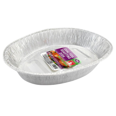 A PPS Oval Foil Roasting Dish (468 x 340 x 85mm) from the PPS brand is shown empty with its label inside, displayed on a white background.