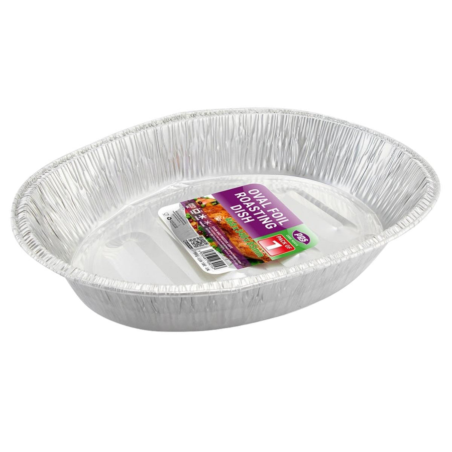 A PPS Oval Foil Roasting Dish (468 x 340 x 85mm) from the PPS brand is shown empty with its label inside, displayed on a white background.