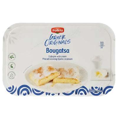 A 400g package of Paliria - Bougatsa (Filo Pie with Cream) features product details and the Paliria brand, highlighting this traditional Greek dessert with a creamy filling.